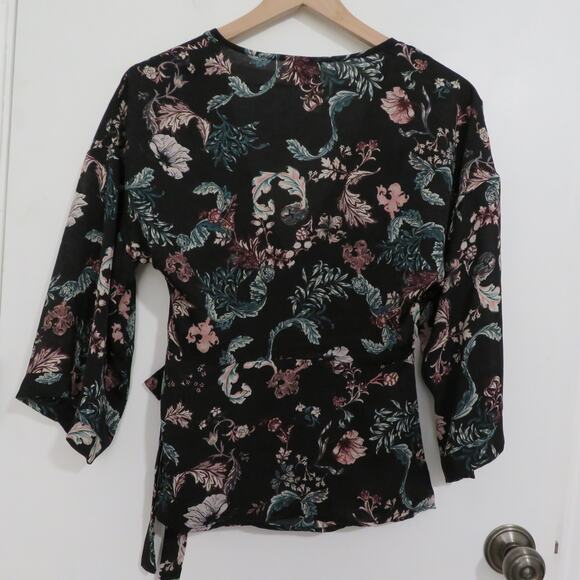 Vila Womens Sz XS Black Pink Green Floral Faux Wrap Blouse V Neck Top - Picture 2 of 6